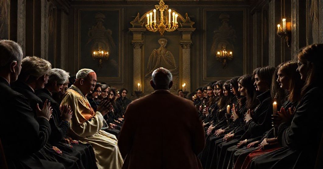 Antipope Leo XIV meets with abuse survivors in the Vatican, lacking sacramental justice and canonical penalties in a dimly lit room adorned with Catholic iconography.