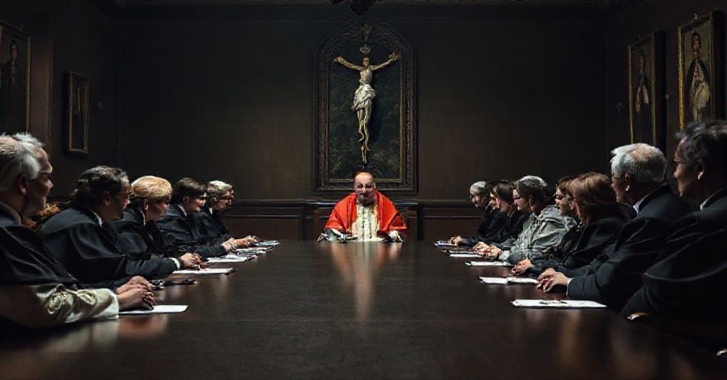 A realistic depiction of a Vatican meeting between antipope Leo XIV and Belgian abuse victims, highlighting doctrinal betrayal and failed justice.