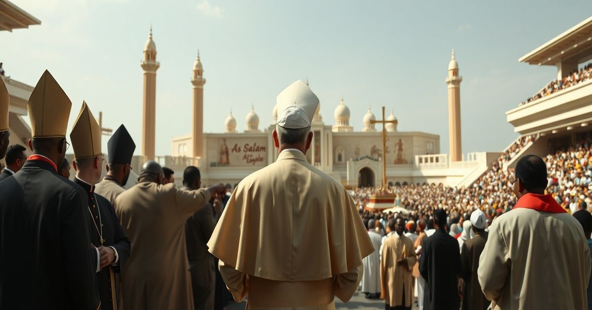 A solemn depiction of the Vatican's antipope Leo XIV visiting a mosque in Algeria during his African tour.