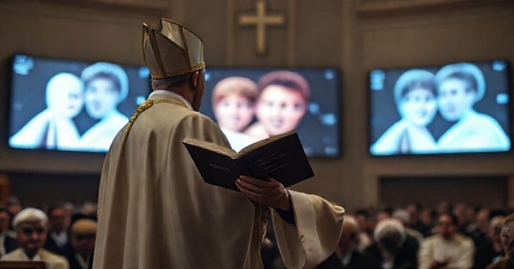 A Catholic bishop in traditional vestments stands before a congregation, contrasting the Kingship of Christ with modern AI dangers.