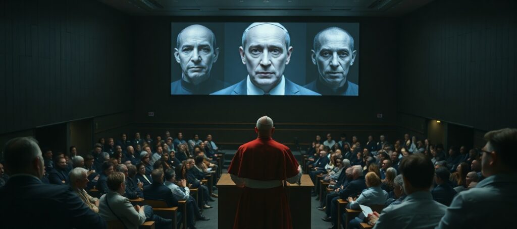 Cardinal José Tolentino de Mendonça speaks at a Vatican conference on AI in Rome, surrounded by academics discussing technology's impact on humanity without referencing divine law or the Kingship of Christ.