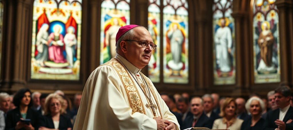 Catholic bishop in traditional vestments addressing a congregation in a historic church, discussing the Vatican's AI conference and its abandonment of supernatural truths.
