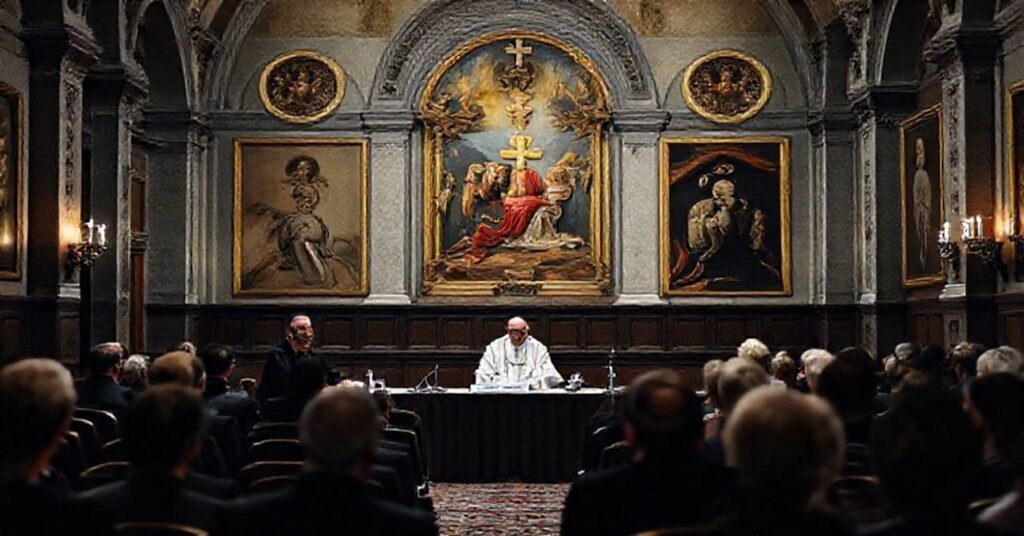 A serious Catholic conference on AI ethics in Vatican City, November 2025, highlighting the lack of Christ the King in modern bioethics discussions.