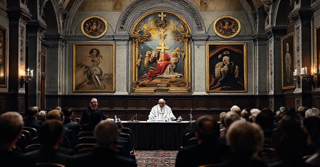 A serious Catholic conference on AI ethics in Vatican City, November 2025, highlighting the lack of Christ the King in modern bioethics discussions.