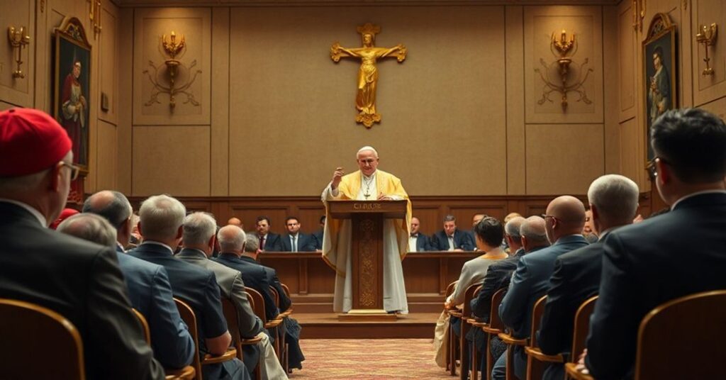 A solemn scene depicting the Builders AI Forum at the Pontifical Gregorian University in 2025, where antipope Leo XIV addresses a crowd of secular technocrats about ethical AI development.