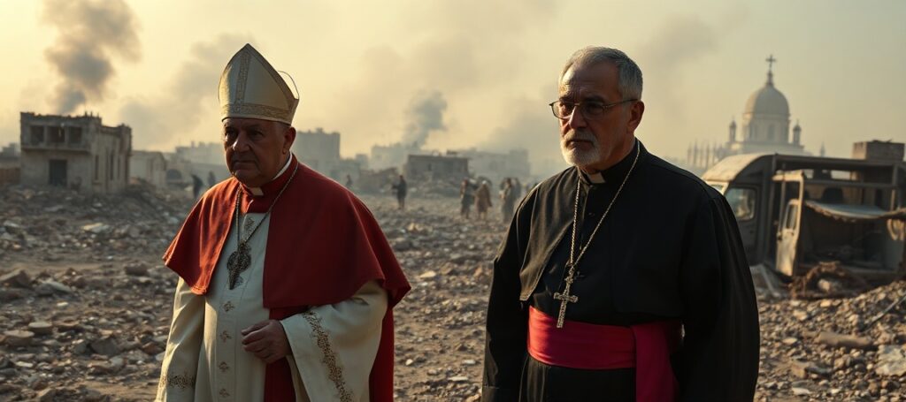 Vatican aid convoy caught in crossfire in Lebanon, with Archbishop Paolo Borgia and Monsignor Hugues de Woillemont amidst suffering Christians and destruction.