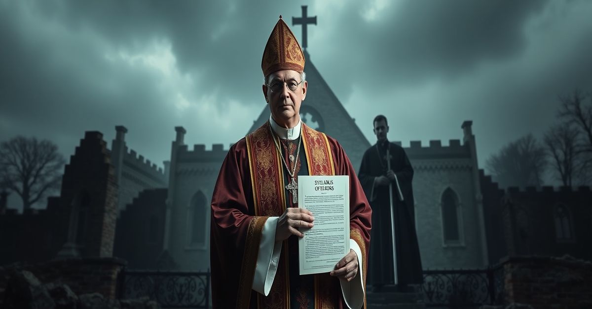 Catholic priest in traditional vestments holds Syllabus of Errors before a ruined Anglican church, symbolizing Vatican's doctrinal corruption through Anglican ordinariates