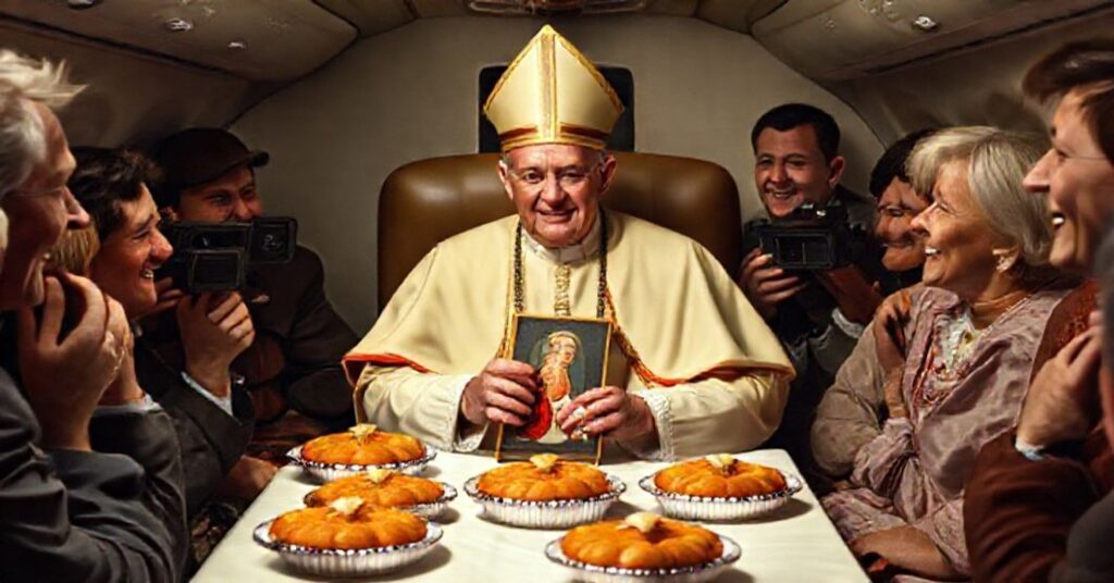 A solemn portrait of "Pope" Leo XIV receiving secular gifts aboard the papal flight, highlighting the profane theater of the Vatican's antipope.