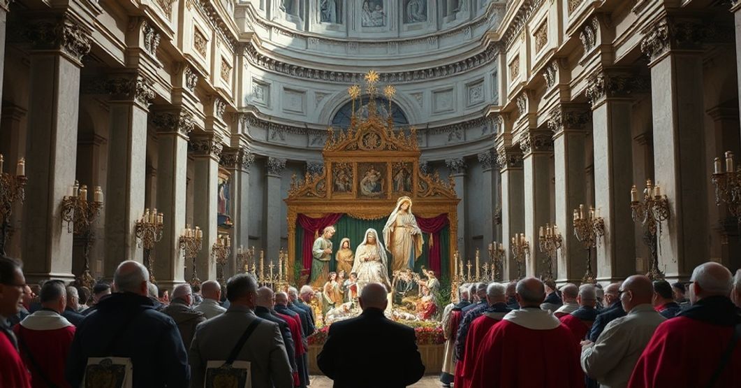 Somber depiction of antipope Leo XIV (Robert Prevost) celebrating a Christmas Mass in St. Peter's Basilica with a heretical Nativity scene.