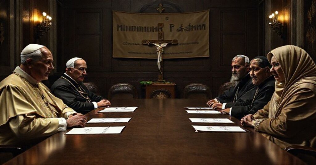 Antipope Leo XIV (Robert Prevost) with Charles Michel and Catherine Russell in a Vatican meeting with the Grand Imam of Al-Azhar under a 'Human Fraternity' banner.