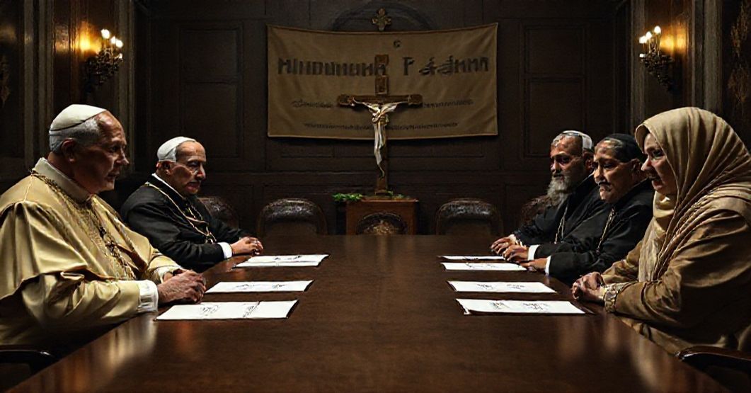 Antipope Leo XIV (Robert Prevost) with Charles Michel and Catherine Russell in a Vatican meeting with the Grand Imam of Al-Azhar under a 'Human Fraternity' banner.