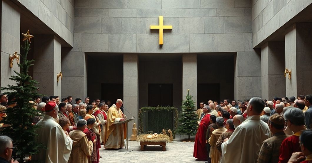 A solemn Catholic Nativity scene in the Paul VI Hall, reflecting apostasy and naturalism.
