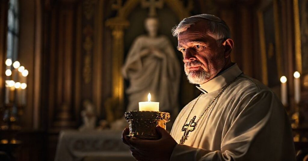 A traditional Catholic priest in a chapel with the Blessed Sacrament, contrasted with a shadowy figure representing modernist heresy.