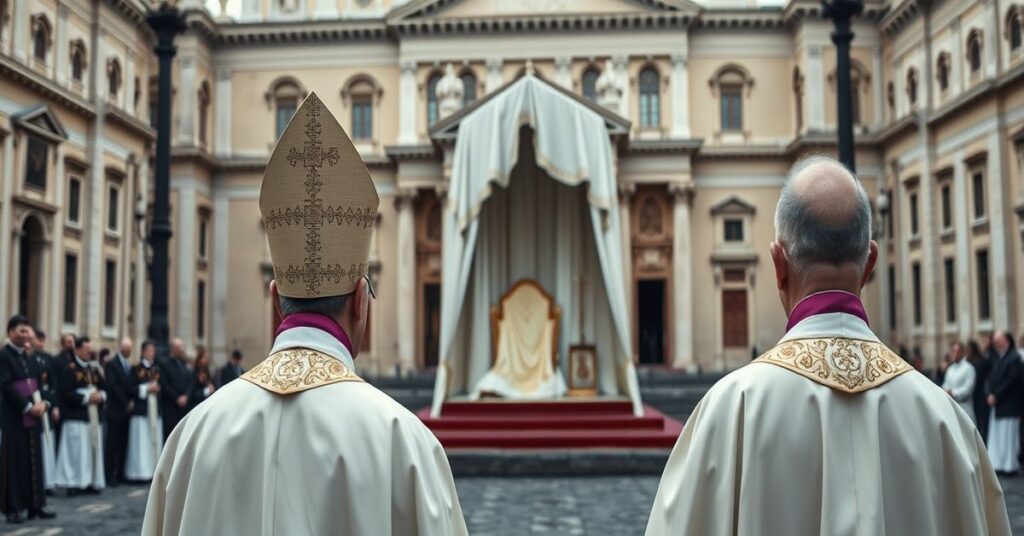 Archbishops Paolo Rudelli and Petar Rajič stand solemnly before an empty papal throne in St. Peter's Square, symbolizing the loss of supernatural authority in the conciliar regime.