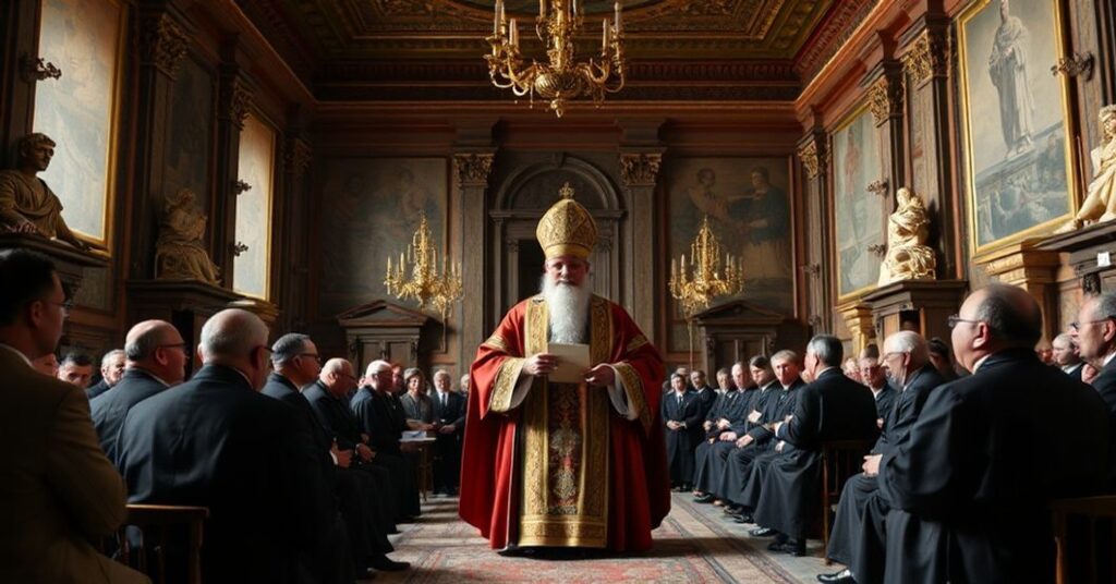 Antipope Leo XIV addressing the Pontifical Institute for Christian Archaeology, surrounded by ancient relics in an ornate hall.