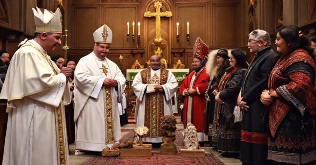 A solemn Catholic ceremony in Montreal where false authorities present Indigenous artifacts alongside sacred objects, symbolizing syncretistic heresy.