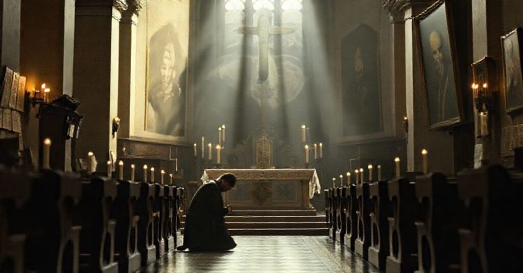A somber Catholic church interior with a distressed priest kneeling in prayer amid documents and controversial imagery of Karol Wojtyła.