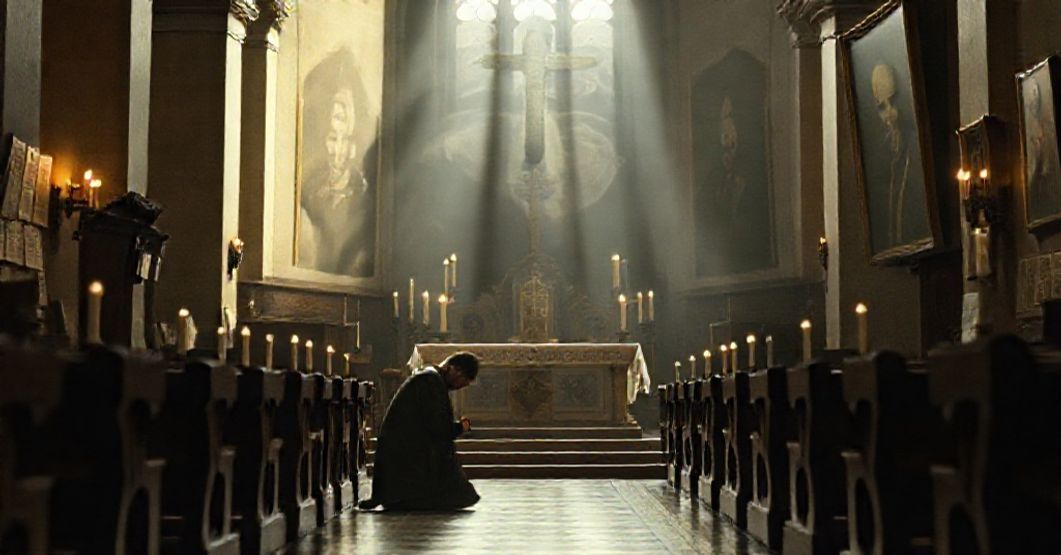 Vatican-Backed Film Glorifies Heretical 'Saint' in Blasphemous Spectacle A somber Catholic church interior with a distressed priest kneeling in prayer amid documents and controversial imagery of Karol Wojtyła.