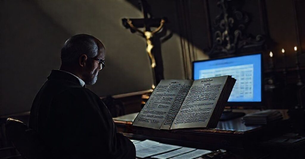 Sedevacantist priest in solemn reflection on the Vatican Bank's sustainability report, contrasting Catholic principles with modern financial apostasy.