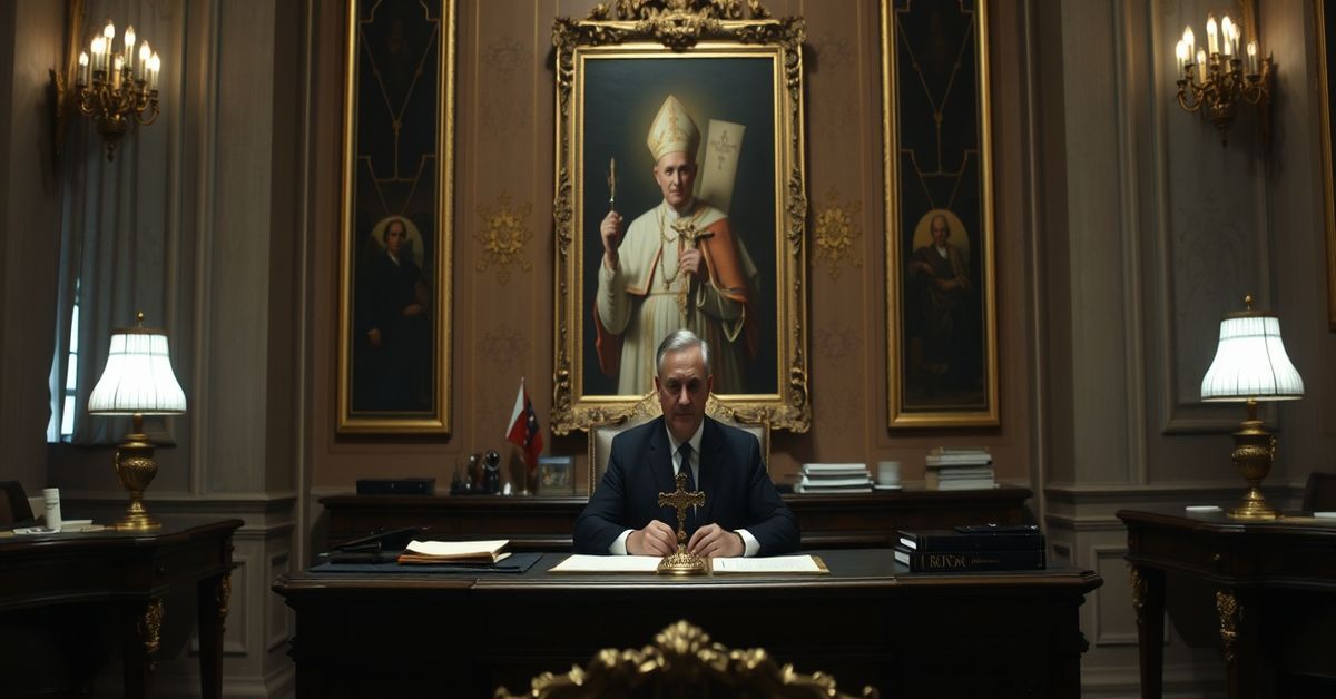 A somber Vatican office with the new IOR president François Pauly surrounded by financial documents and a crucifix, symbolizing the conflict between faith and modern finance.