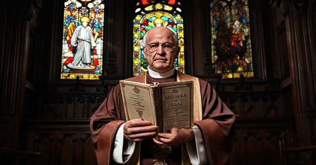 Traditional Catholic priest holding Quas Primas before stained glass window of Christ as King.