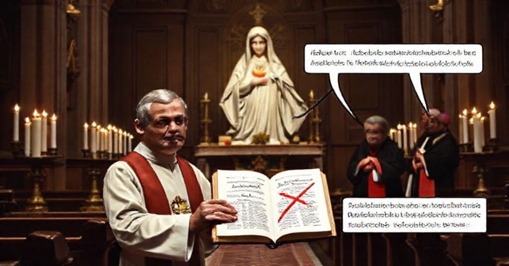 A solemn Catholic church interior depicting the betrayal of traditional Marian titles by modernist Vatican officials.