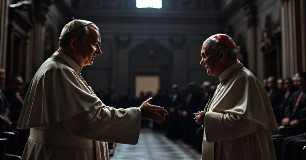 Antipope Leo XIV meets exiled "bishop" Rolando Álvarez in a staged Vatican audience symbolizing the betrayal of Nicaraguan Catholics.