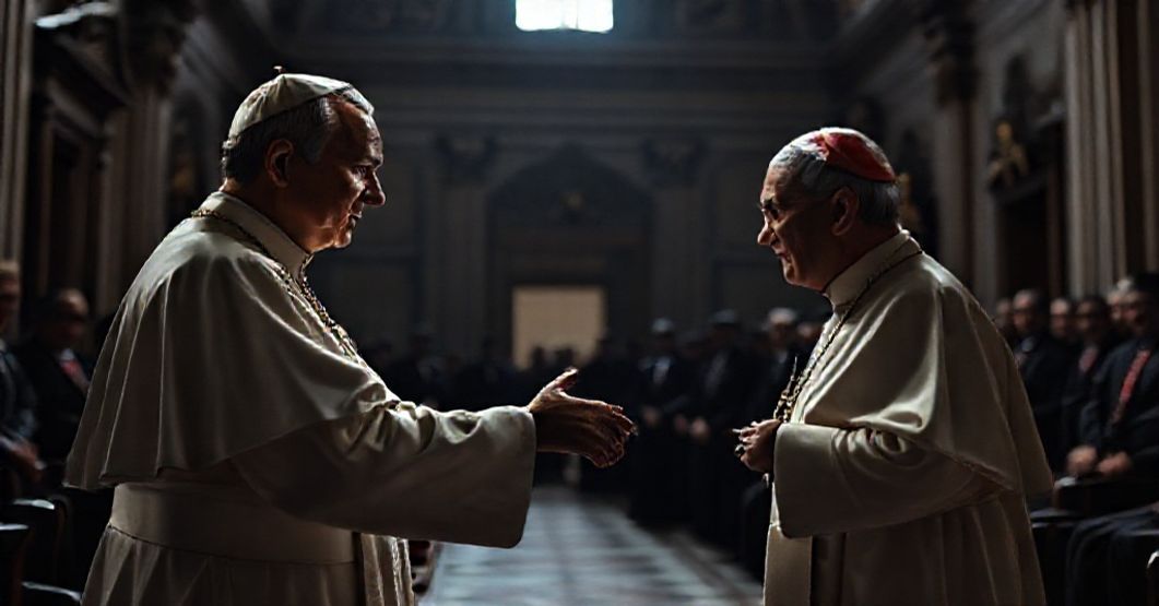 Antipope Leo XIV meets exiled "bishop" Rolando Álvarez in a staged Vatican audience symbolizing the betrayal of Nicaraguan Catholics.