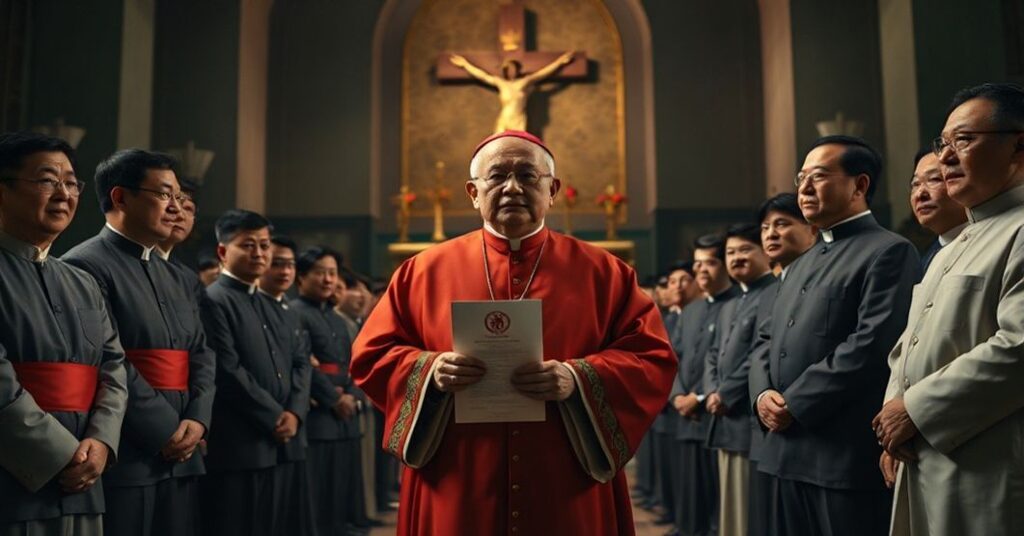 A Catholic bishop under pressure from Communist officials in a Chinese church, symbolizing ecclesiastical betrayal and suppression of true Catholic doctrine.