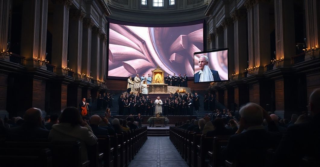 A solemn scene inside St. Peter's Basilica during the Vatican's Christmas Concert under antipope Leo XIV, highlighting the contrast between sacred tradition and modernist apostasy.