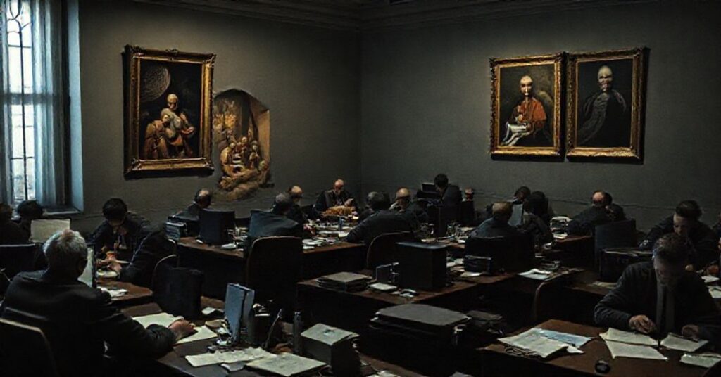 A desolate Vatican office with bureaucrats working under dim lighting, a distorted nativity scene showing labor instead of adoration, and a faded portrait of antipope Robert Prevost (Leo XIV).