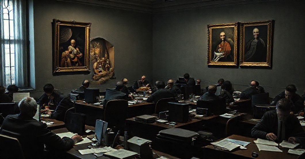 A desolate Vatican office with bureaucrats working under dim lighting, a distorted nativity scene showing labor instead of adoration, and a faded portrait of antipope Robert Prevost (Leo XIV).