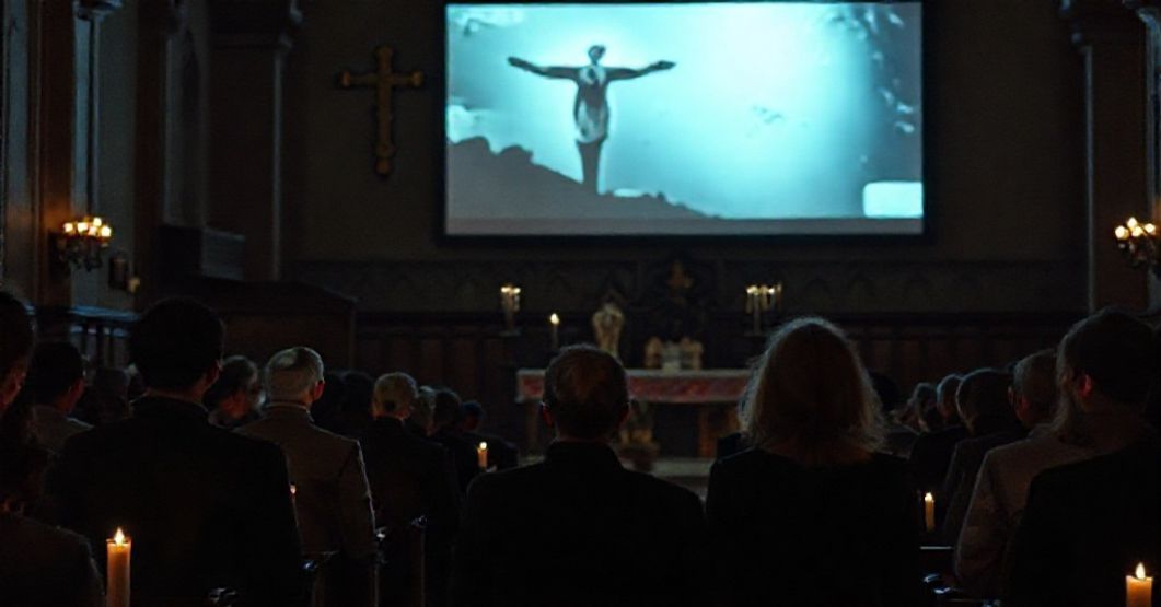 A somber Catholic church interior with filmmakers Spike Lee and Cate Blanchett standing before a screen displaying secular films, juxtaposed with an image of Christ the King.