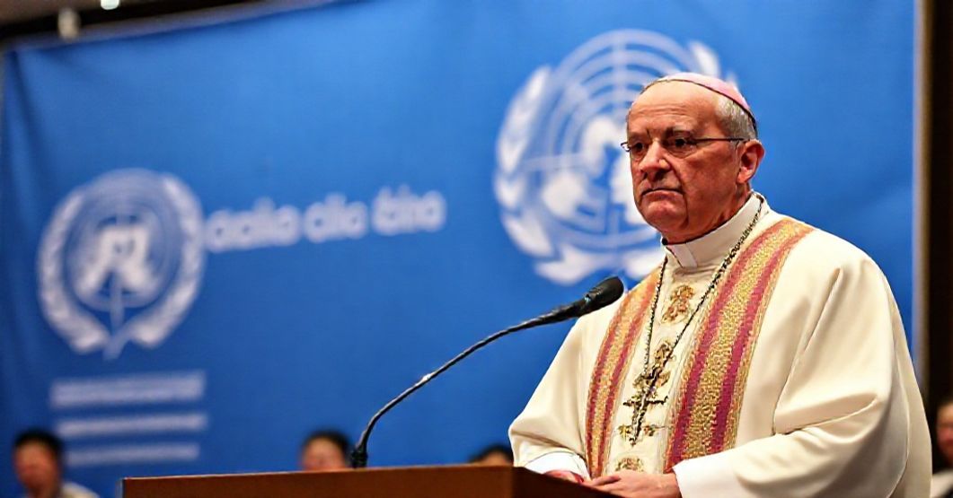 A Catholic bishop speaking at the COP30 climate conference in Belém, Brazil, juxtaposed with secular globalist symbols.
