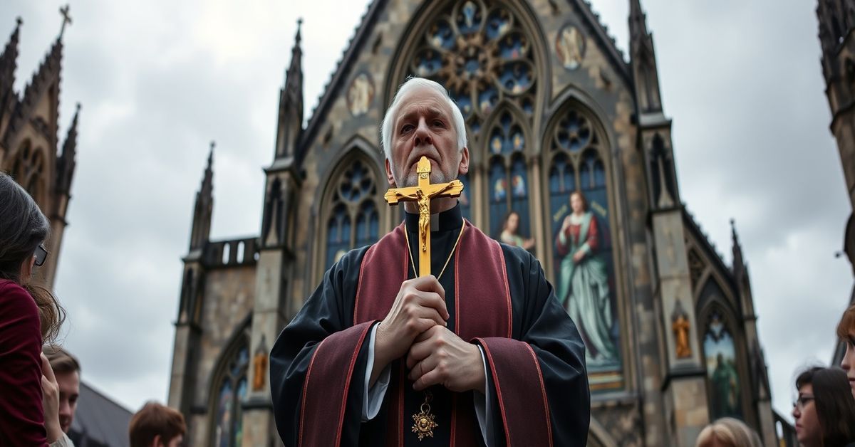A Catholic priest in traditional vestments addresses concerned youth in front of a Gothic cathedral, symbolizing the contrast between naturalistic climate fear and supernatural Catholic hope.