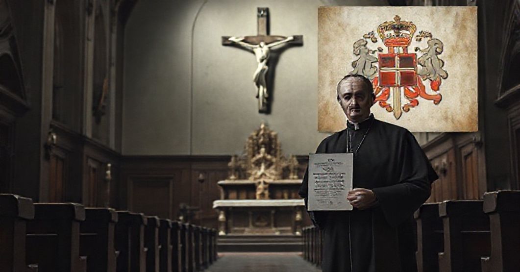 Vatican Commentary Reduces Christ's Kingship to Therapeutic Devotion A somber church interior depicting doctrinal decay as a cleric holds a modernist commentary distorting Catholic eschatology.