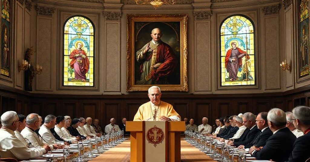 Cardinal Giuseppe Petrocchi presenting ambiguous findings on female diaconate in a Vatican conference room with stained-glass windows and a portrait of Pope Pius XII.