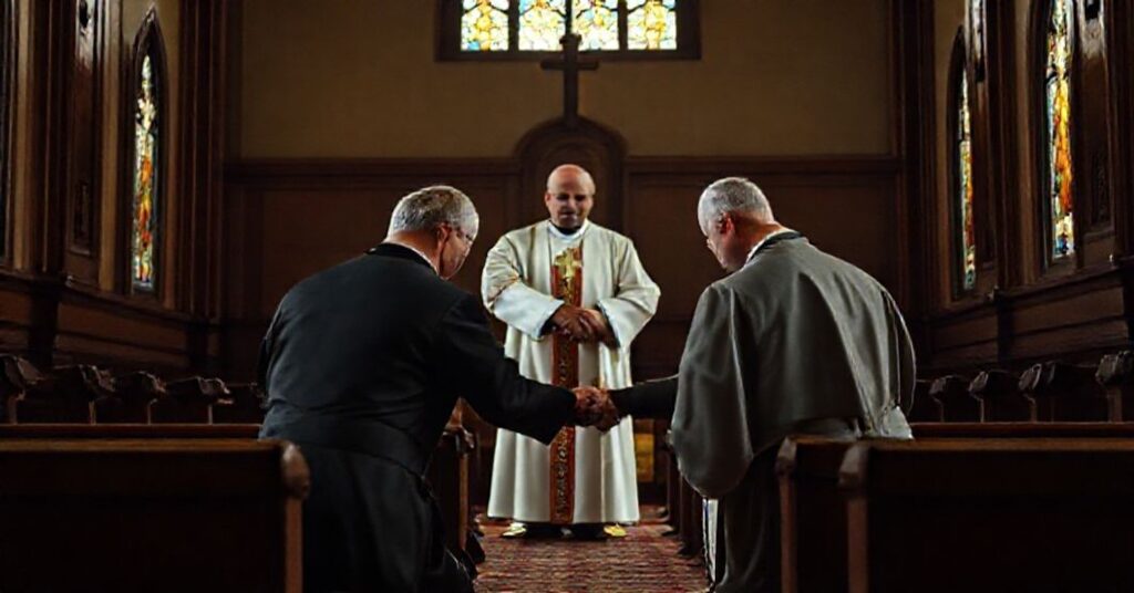 Belarusian priests Fr. Henrykh Akalatovich and Fr. Andzej Yukhnevich kneel in prayer while Vatican officials shake hands with dictator Aleksandr Lukashenko in a solemn church setting.