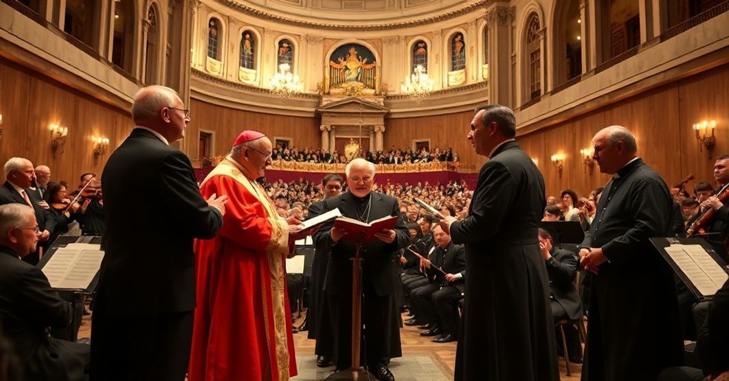 Antipope Leo XIV presenting the Ratzinger Prize to conductor Riccardo Muti during a Christmas concert in the Paul VI Hall, surrounded by youth orchestras.