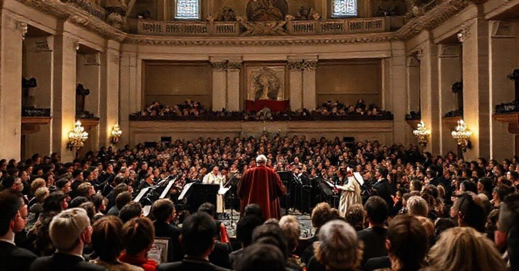 A solemn scene in the Paul VI Hall during the Vatican concert event, featuring antipope Leo XIV with secular artist Michael Bublè and a diverse crowd, emphasizing naturalism over sacramental life.
