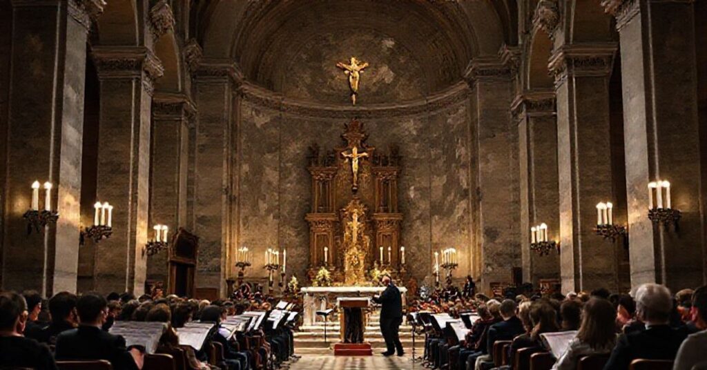 A solemn Catholic church interior contrasting traditional worship with modernist architecture during a Vatican concert featuring Maestro Riccardo Muti.