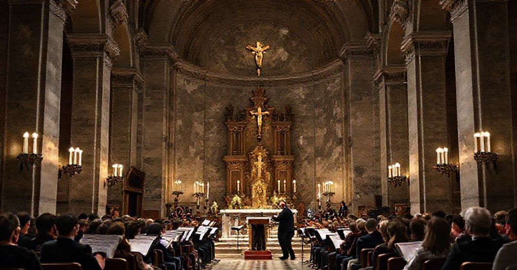 A solemn Catholic church interior contrasting traditional worship with modernist architecture during a Vatican concert featuring Maestro Riccardo Muti.