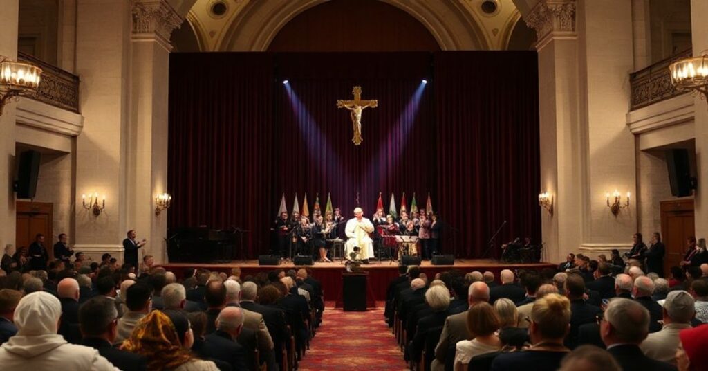 Michael Bublé performing at the Vatican's "Concert with the Poor" in the Paul VI Audience Hall, with antipope Leo XIV seated prominently among an interfaith audience.
