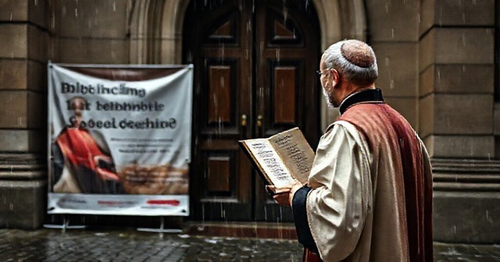 Traditional Catholic priest standing solemnly before a closed church door with a conference banner promoting humanistic dignity in the background.