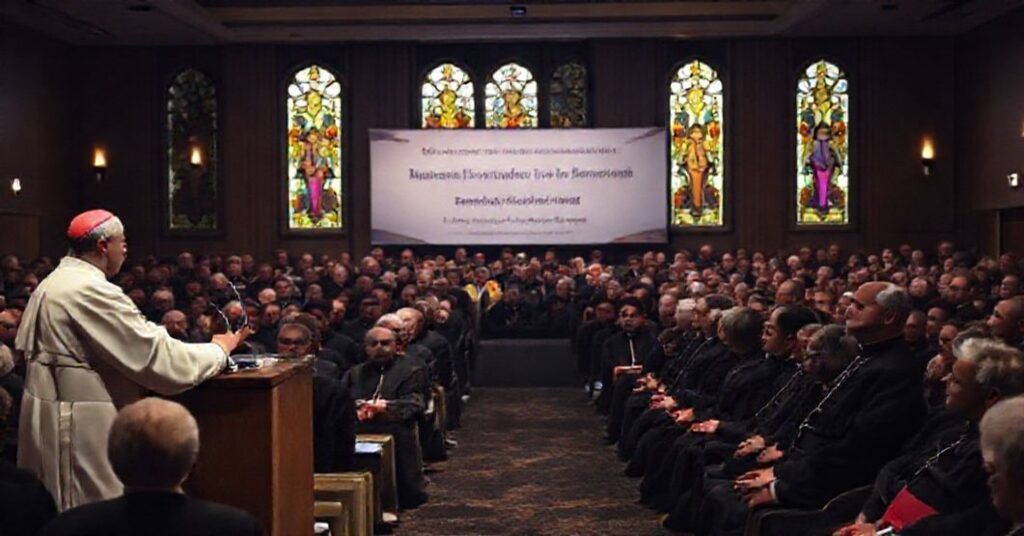 A solemn conference hall with attendees listening to 'Cardinal' Víctor Manuel Fernández discussing mysticism and holiness in a traditional Catholic setting.