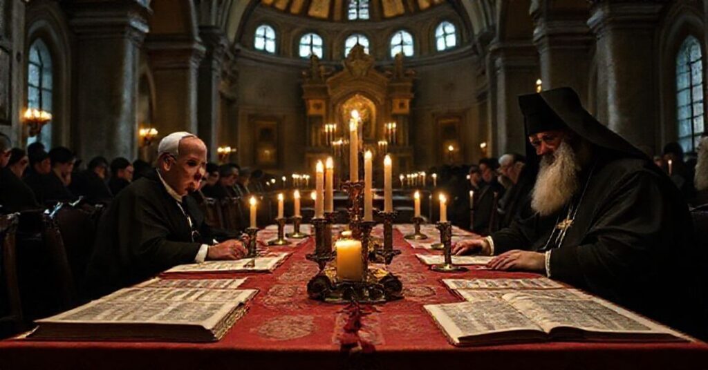 A solemn meeting in Istanbul's Hagia Sophia between a Vatican official and an Orthodox patriarch discussing a joint declaration.