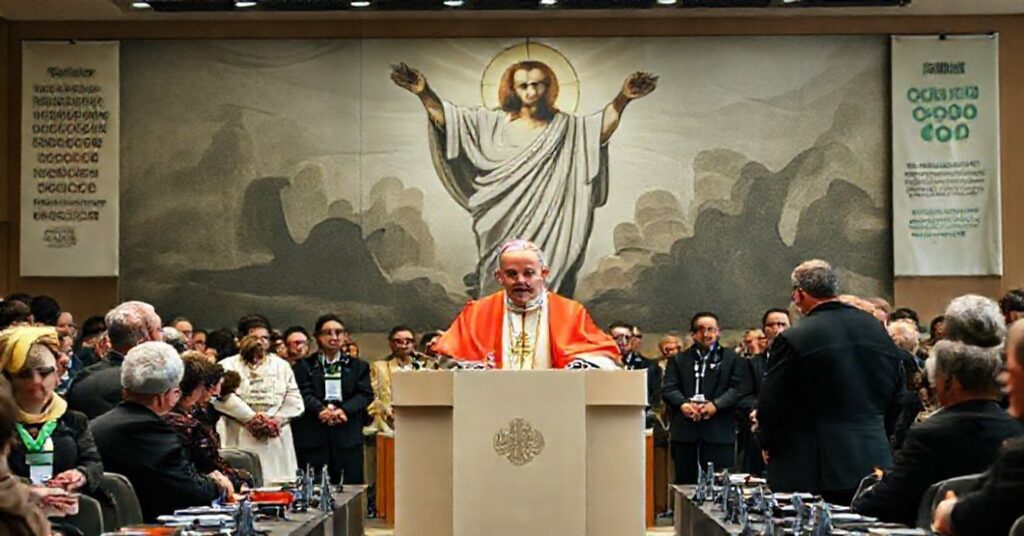 Archbishop Giambattista Diquattro and Vatican delegation at COP30 promoting climate activism over Christ's Kingship.