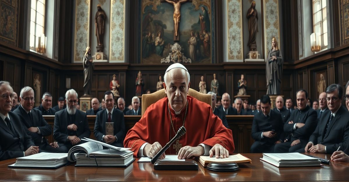 Vatican Court scene with "Cardinal" Becciu during the 'Trial of the Century,' highlighting the naturalism and legalism of the conciliar sect.