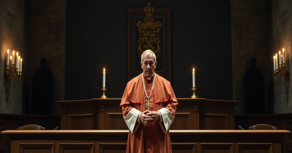 A solemn Vatican courtroom with Cardinal Angelo Becciu standing before the bench of the Vatican City Court of Appeal.
