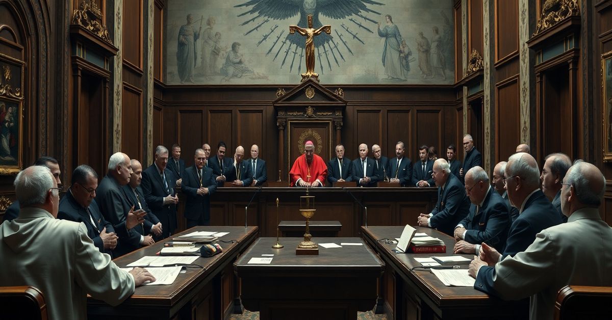 A solemn courtroom scene in the Vatican depicting the retrial of Cardinal Giovanni Angelo Becciu and others, highlighting the apostasy and naturalistic corruption within the neo-church.